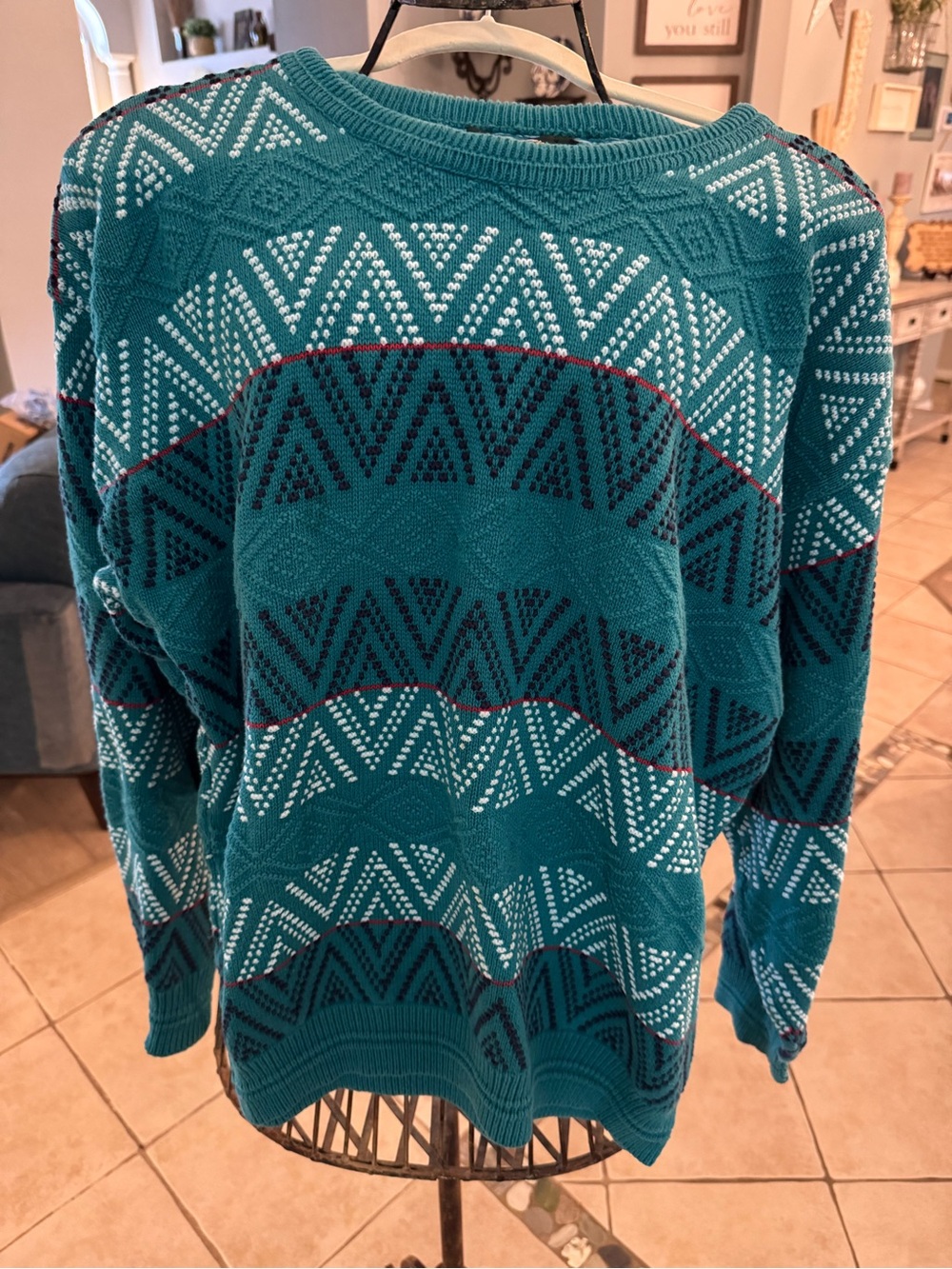 Vintage Jantzen Sweater Men’s XL Teal Geometric Coogi Style Made in USA